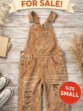 BiBi Corduroy Distressed Tan Overalls Jumpsuit